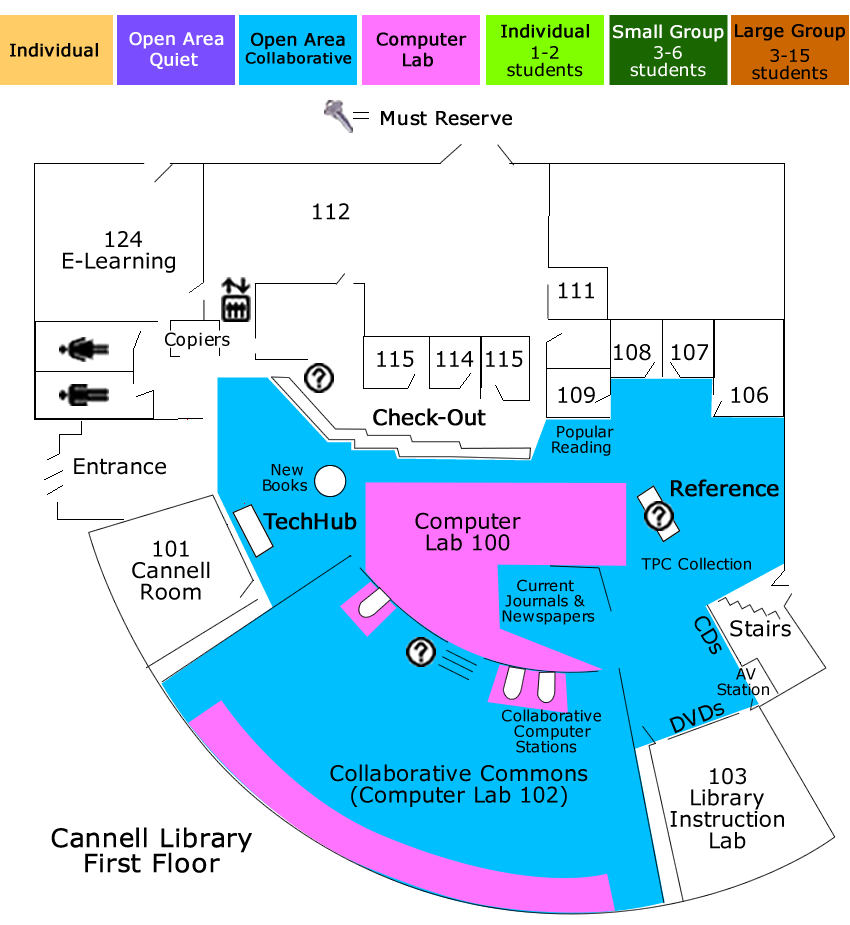 floor map of Cannell Library first floor study areas
