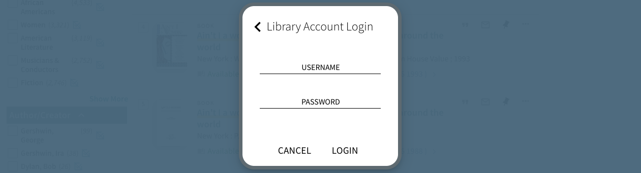 Screenshot of the "Library Account Login" popup window with username and password fields.