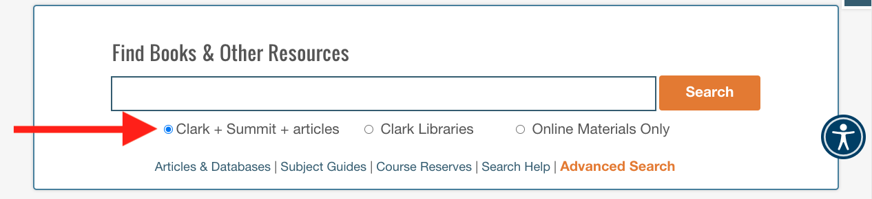 Screenshot of the catalog search on the Clark College Libraries website with a red arrow pointing to the "Clark + Summit + articles" search scope.