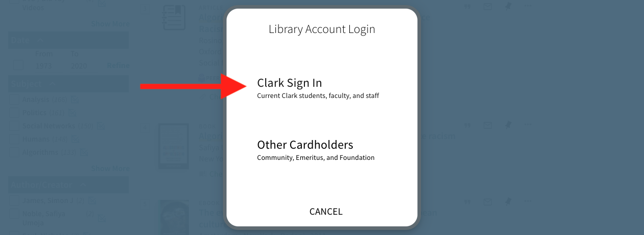 Screenshot of a red arrow pointing to the "Clark Sign In" button on the Library Account Login popup window.
