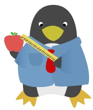 Penguin wearing a suit holding a ruler and an apple.