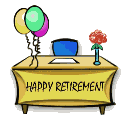 Gif of balloons bouncing up and down on a desk with a banner that reads Happy Retirement.