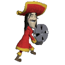 Gif of pirate in red hat and coat carrying an old film reel while taking steps.