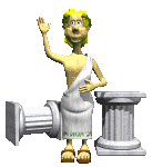 Gif of man raising hand and moving lips wearing a toga and laurel wreath standing between two broken columns.